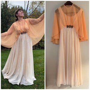 Vintage 70s 60s Peach Chiffon Emma Domb Maxi Dress Batwing Empire Waist Gown